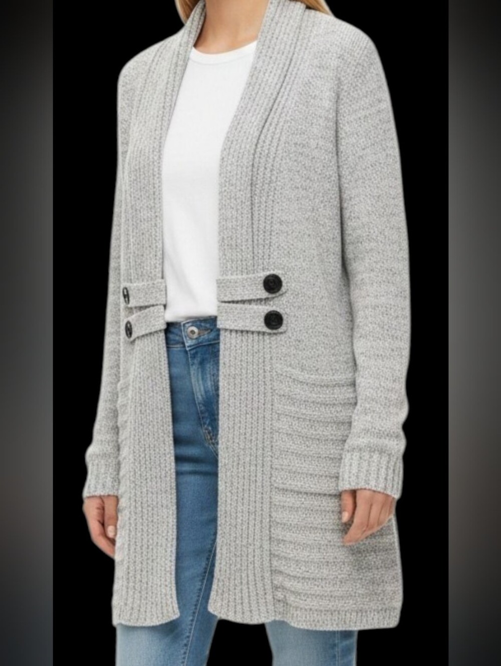 Apt. 9 Light Gray Shawl Collar Button Accent Women's Long Sweater Size Medium